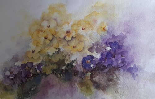 Chrissy F, Primroses & Voilets, watercolour.